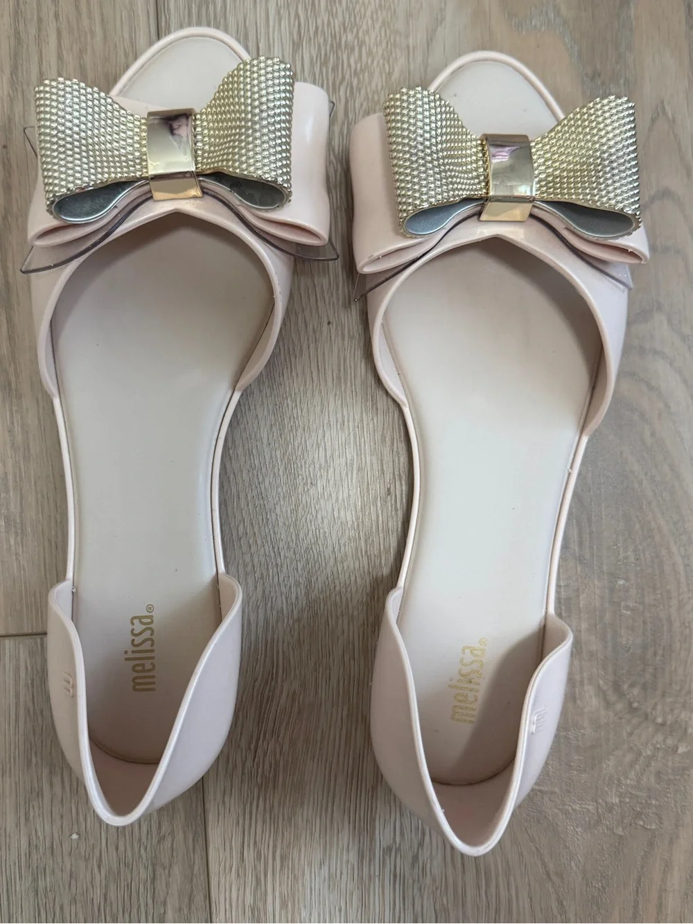 Melissa Seduction V Jelly Beige Flats with Textured Gold Bow Sz. 8 - Picture 2 of 12